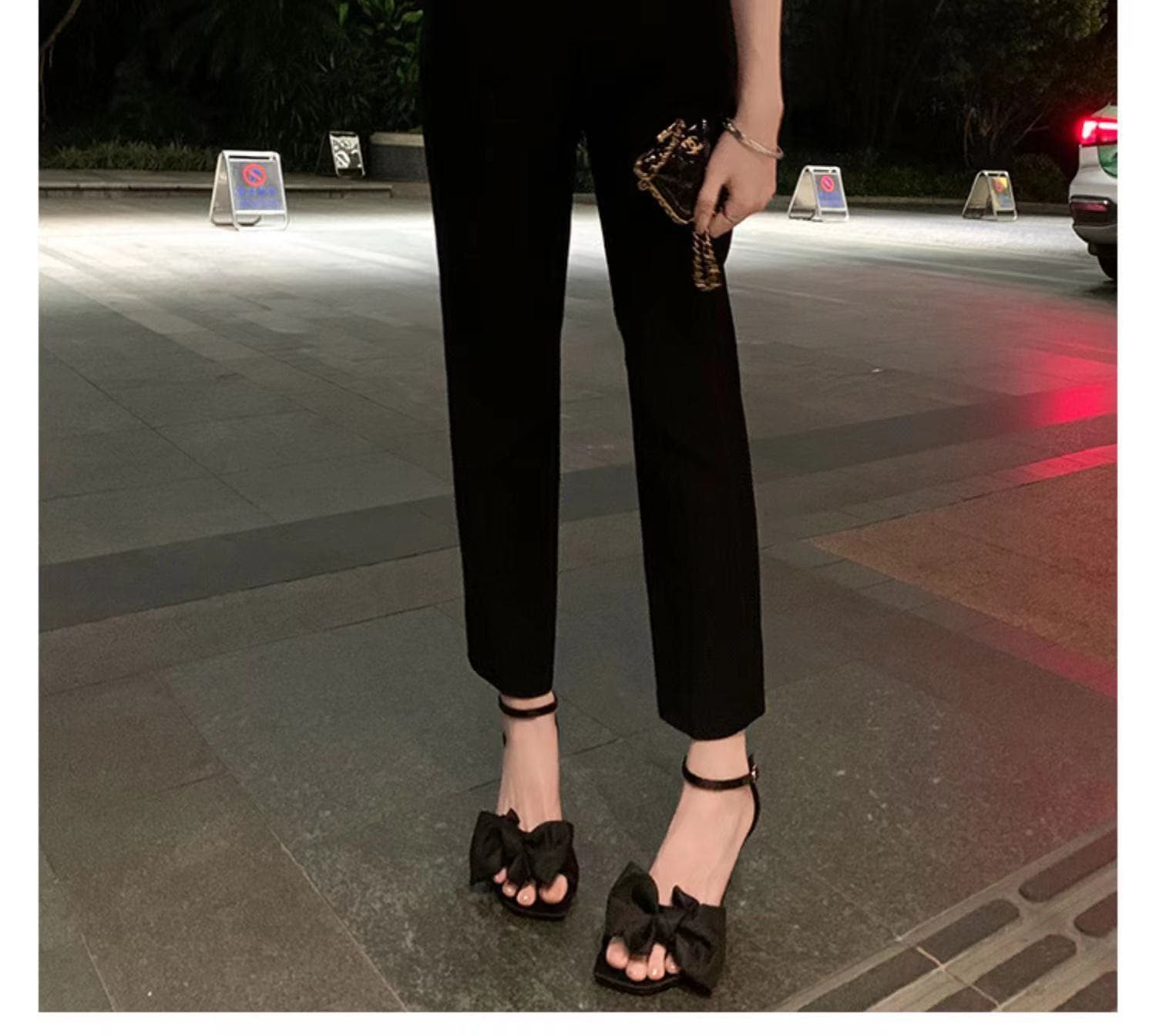 黒靴 レディース厚底サンダル黒リボン付き美脚ストラップ