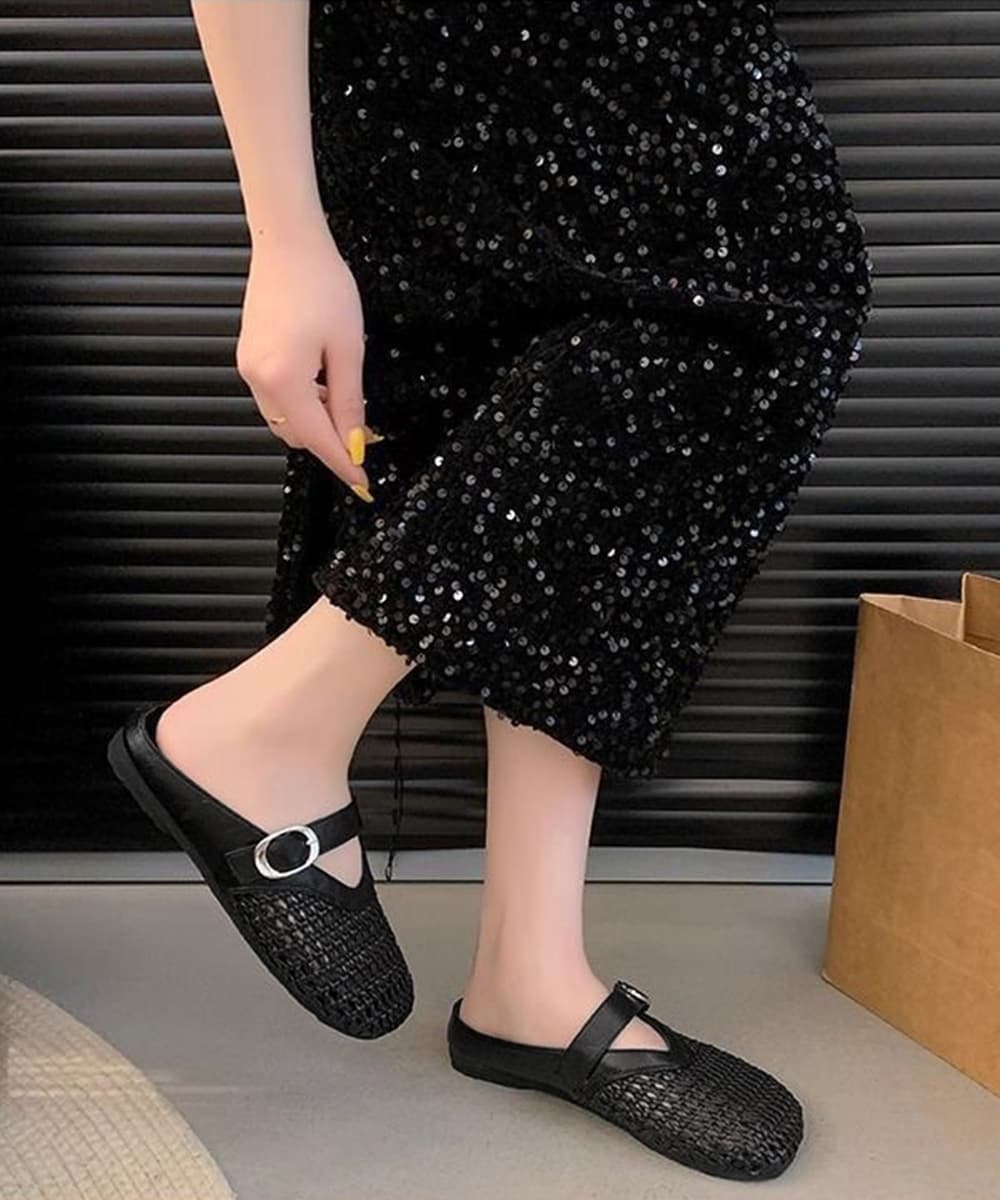 黒靴 編み込み網目丸先ぺたんこ黒履きやすい歩きやすい靴