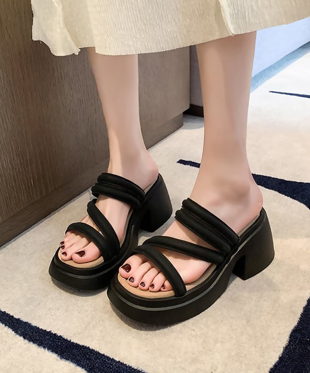 厚底サンダル 黒 太ヒール ミュール 美脚 夏履き