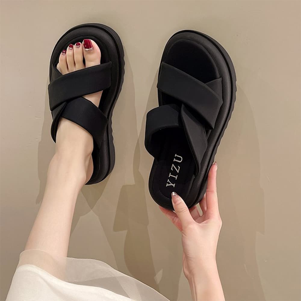 厚底サンダル レディース 黒 クロスベルト 歩きやすい