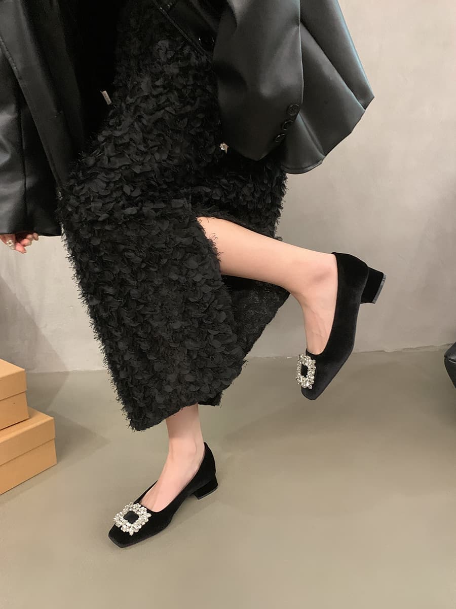 黒靴 四角つま先ビジューパンプス革靴レディース