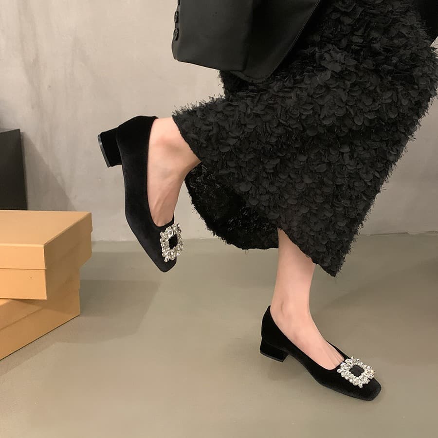 黒靴 四角つま先ビジューパンプス革靴レディース
