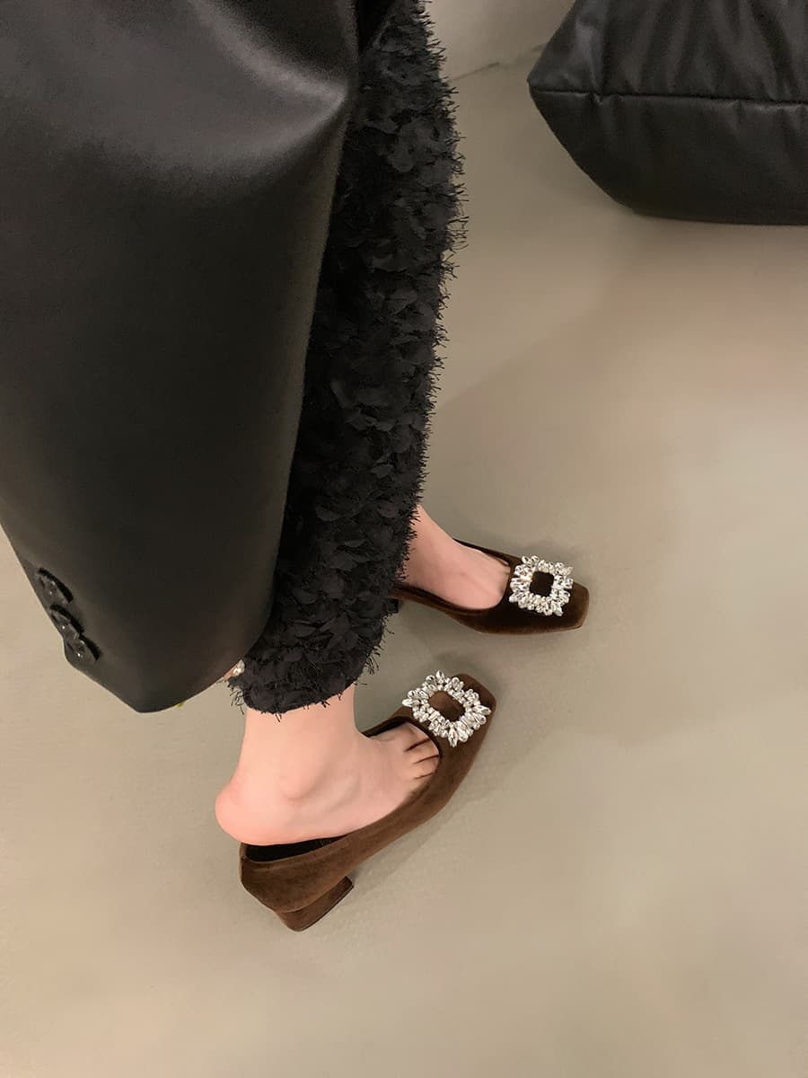 黒靴 四角つま先ビジューパンプス革靴レディース