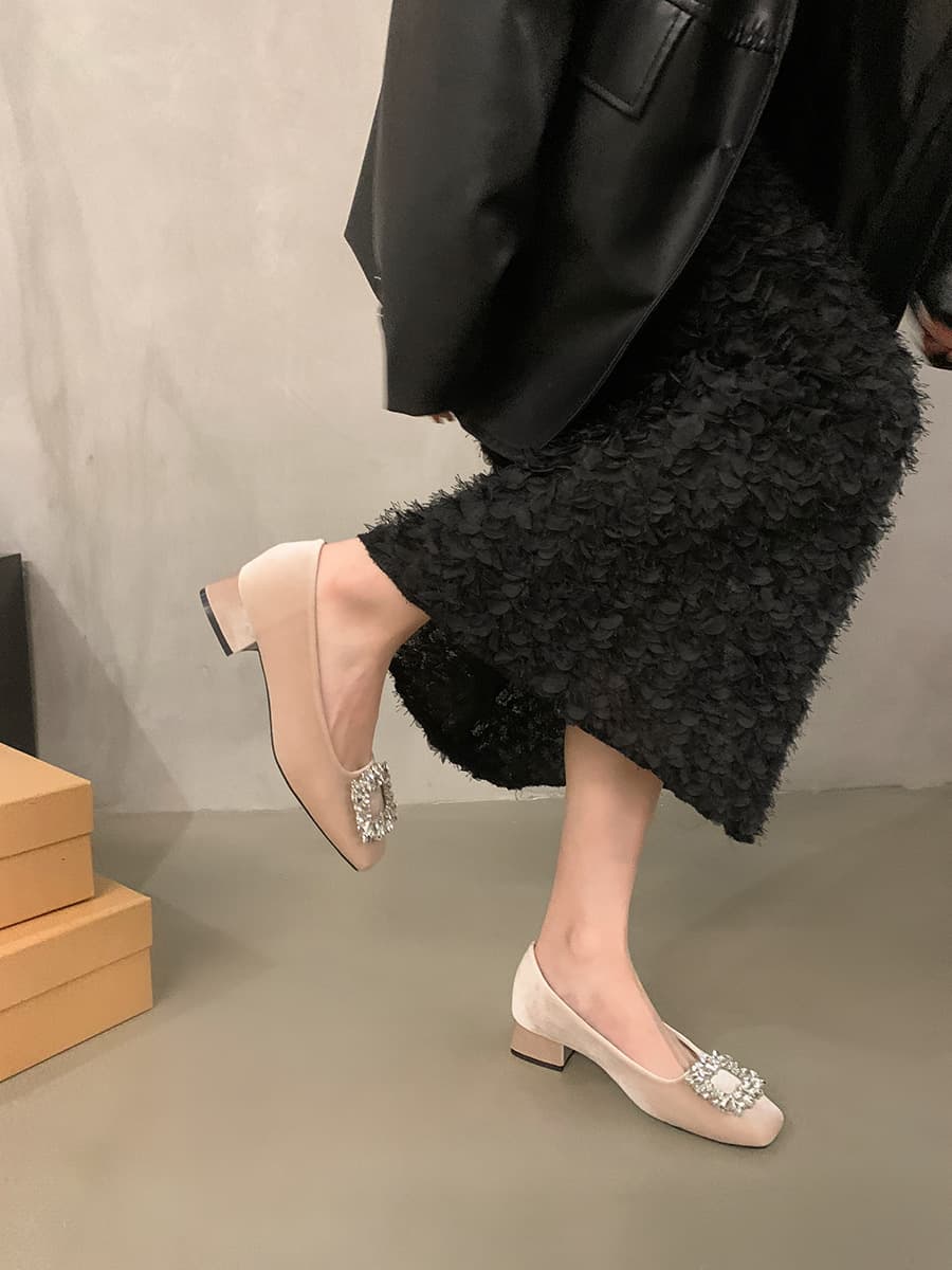 黒靴 四角つま先ビジューパンプス革靴レディース